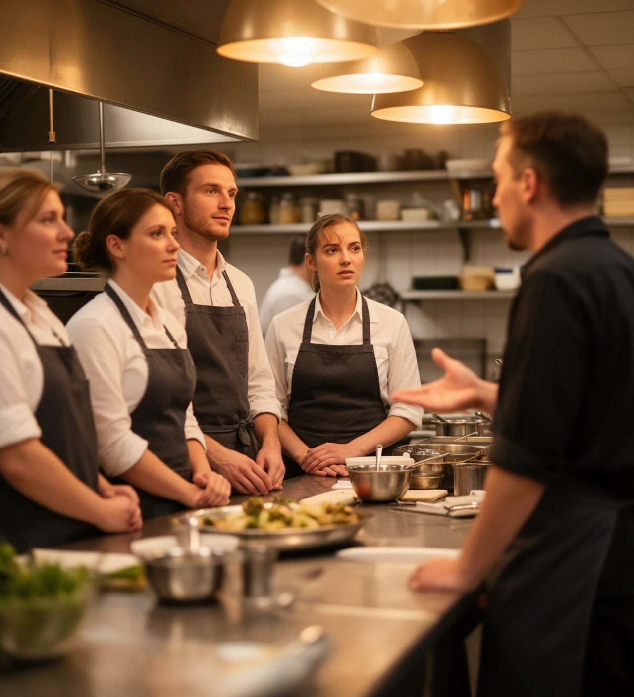 Equipo de cocina escuchando a una persona junto a la mesada antes del servicio