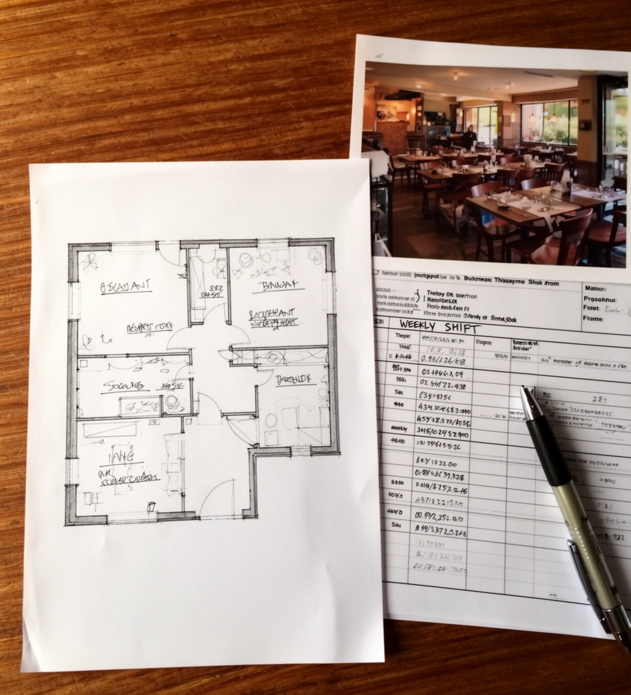 Plano de un salón dibujado a mano sobre una mesa, con fotos impresas del local y una planilla de turnos